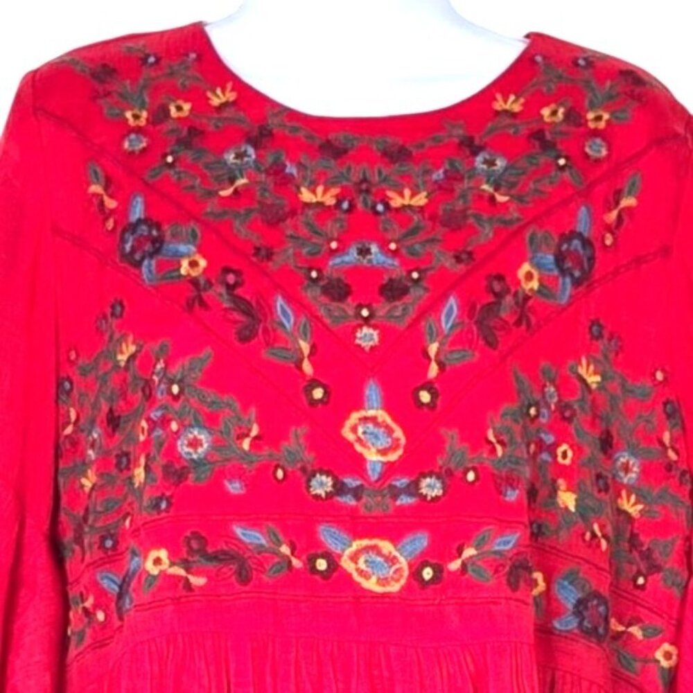 Umgee Boho Red Floral Embroidered Bell Sleeve Flouncy Babydoll Mini Dress XL - Picture 3 of 7